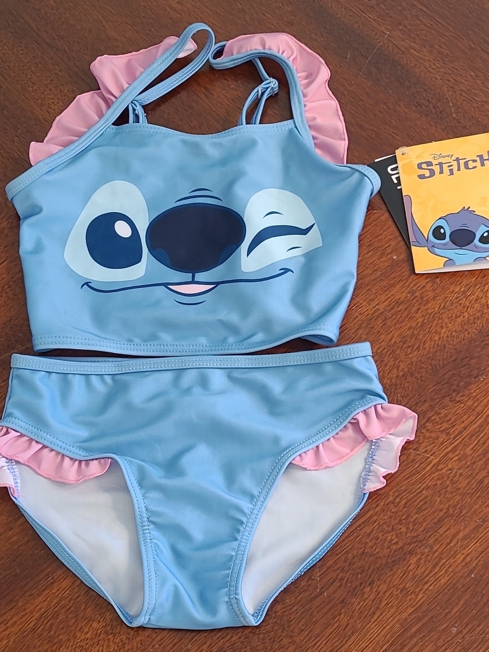 NWT Disney Stitch Girls' 5/6 Light Blue & Pink Ruffle Two-Piece Swim Set